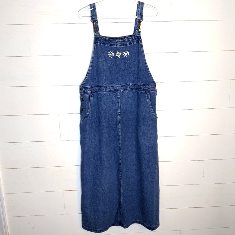 Vintage Christopher & Banks Long Maxi Floral Embroidered Denim Pinafore Dress